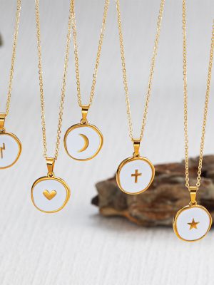Stainless Steel round Shell Pendant Necklace Temperament Wild Women's Real Gold Plating Moon Heart Chain