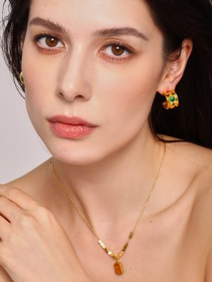 C- Shaped Love Wide Face Earrings New Square Plate Carved Pendant Necklace Stainless Steel Combination Set
