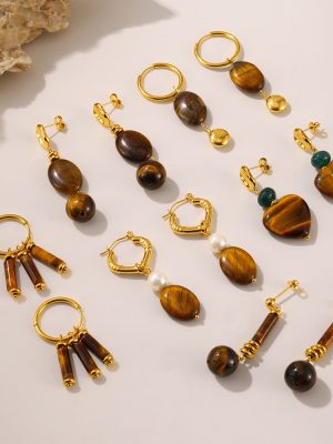 Maillard Mid-Ancient Natural Tigereye Stainless Steel Electroplated 18K Real Gold Pendant Earrings Earrings Combination