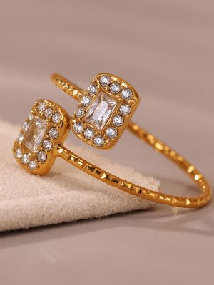 Rhinestone Heart Geometric 5A Zircon Ring Fine Circle Open Stainless Steel 18K Gold Plating Girls' Bracelet Combination