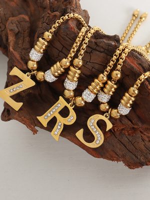 High-End Personality Letter Bracelet Diamond-Embedded Light Luxury Non-Fading Stainless Steel Plated 18K Gold Bracelet