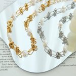 French Stainless Steel Gold Plated Retro Elegance Freshwater Pearl Twist Chain Necklace Bracelet Jewelry Set