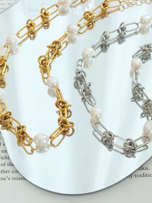 French Stainless Steel Gold Plated Retro Elegance Freshwater Pearl Twist Chain Necklace Bracelet Jewelry Set