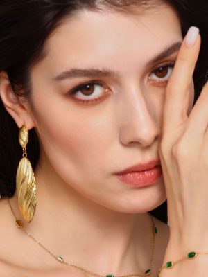 Striped Long Shell Eardrops Stud Earrings Fashionable Stainless Steel 18K Gold Plating Earrings Wang Fei Same Style