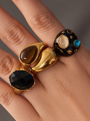 Glass Stone Tigereye Stainless Steel 18K Gold Plating Drip Oil Women's Non-Fading Ring Female Accessories