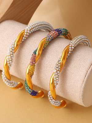 Heavy Industry Twist Twist Twist Diamond Colored Gems Design Open-End Bracelet Stainless Steel Plated 18K Gold Light Luxury Bracelet