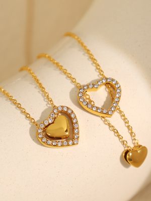 All-Match Peach Heart Necklace Golden Design Love Stainless Steel Advanced Non-Fading Diamond Inlaid Clavicle Chain