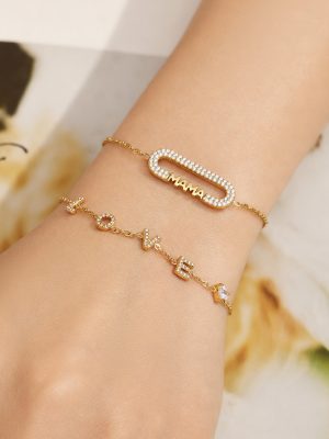 Female Accessories Stainless Steel 18K Gold Plating Love Letter Inlaid Zircon Pendant Necklace, Bracelet Set