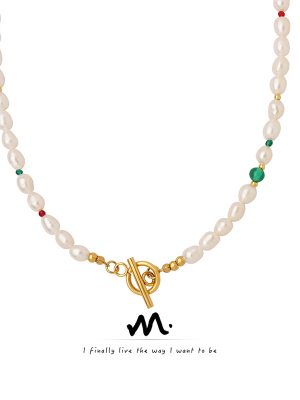 French Natural Agate Glass Stone Freshwater Stringed Pearls Necklace Geometric OT Buckle Stainless Steel Personality Ornament