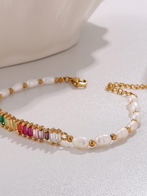Personalized Freshwater Stringed Pearls Bracelet Inlaid with Colorful Zircon Design Stainless Steel Bracelet