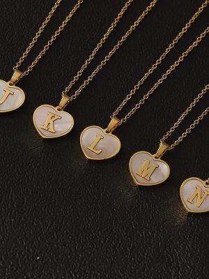 18K Gold Heart Clavicle Chain Stainless Steel Heart-Shaped White Mother Shell Pendant 26 Letter Necklace Commuter