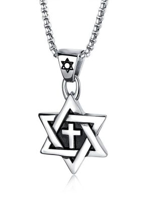 Six-Pointed Star Cross Pearl Chain Necklace Stainless Steel Retro Pendant Ornaments