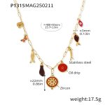 color: P1315-Gold Red Zircon Colored Glaze Multi-charm Necklace