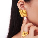 Personalized Square Diagonal Stripe Stainless Steel 18K Gold Plating Ear Studs Earrings Combination