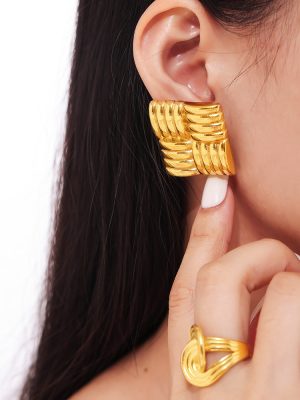 Personalized Square Diagonal Stripe Stainless Steel 18K Gold Plating Ear Studs Earrings Combination
