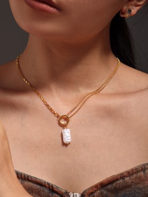 Baroque Imitation Pearl Pendant Necklace Women's Stainless Steel 18K Gold Plating Creative Design Clavicle Chain