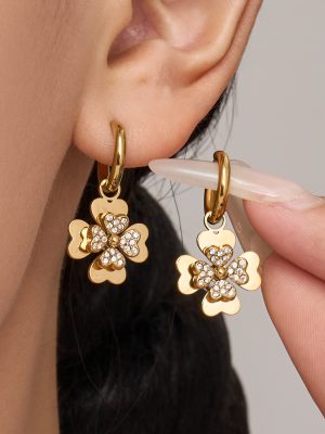 Double Layers Loving Heart Zircon Flower Necklace Bracelet Chic 18K Gold Plating Four-Leaf Flower Bracelet Ring