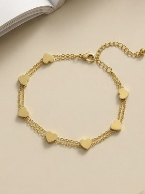Simple Double Layers Loving Heart Chain Stainless Steel Bracelet PVD Gold Plated Non-Fading Bracelet