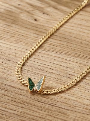 Court Three-Dimensional Green Butterfly Twin Necklace Choker Cuban Link Chain High Quality Stainless Steel Necklace
