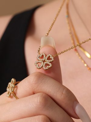 High Version Heart-Shaped Zircon Four-Leaf Flower Necklace Bracelet Ring Stainless Steel Set Light Luxury Temperament Color Retaining Jewelry