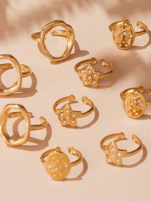 Stainless Steel Star Micro-Inlaid Small Diamond Opening Ring Set Plated 18K Real Gold Simple Tail Ring