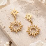 Sun Pendant Earrings Inlaid Zircon Stainless Steel 18K Gold Plating Women's Earring Ornament