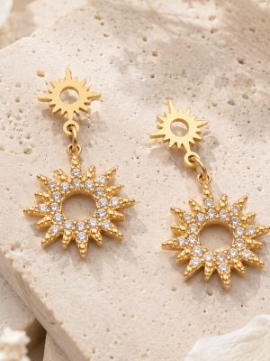 Sun Pendant Earrings Inlaid Zircon Stainless Steel 18K Gold Plating Women's Earring Ornament