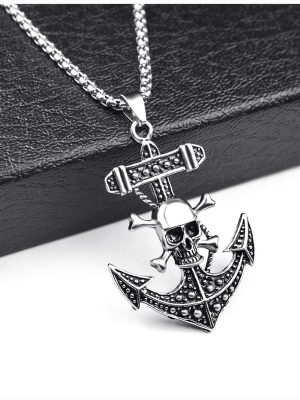 Pirate Ship Anchor Personality Cross Pearl Chain Necklace Stainless Steel Retro Pendant Ornaments