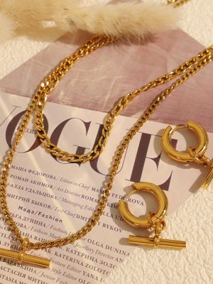 New Personality Trendy OT Buckle Pendant Necklace and Earrings Suite Advanced Clavicle Chain