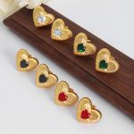 French Heart-Shaped Texture Inlaid Cut Red Black White Green Zircon Shining Ear Studs Light Luxury Environmentally Friendly Copper Material Female Earrings