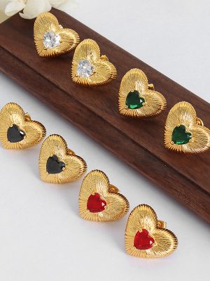French Heart-Shaped Texture Inlaid Cut Red Black White Green Zircon Shining Ear Studs Light Luxury Environmentally Friendly Copper Material Female Earrings