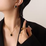 color: F642-Gold Black Cat's Eye Stone Earrings