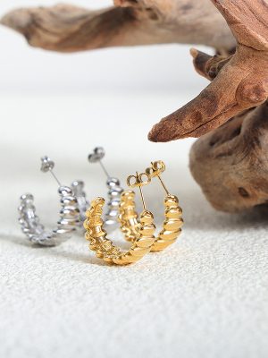 Casting Thread Earrings Large Circle Plated 18K Real Gold Irregular C- Shaped Stainless Steel Female Accessories