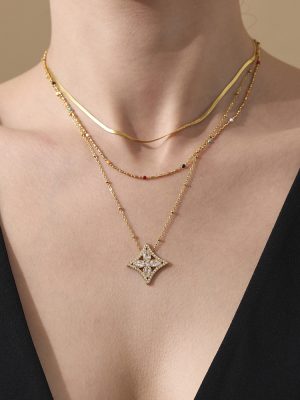 Super Flash Zircon Diamond-Shaped Small Flower Necklace Bracelet Ring Stainless Steel All-Match Suit Ornament Women