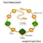 color: TXE279-Gold Green Glass Stone Bracelet 16+5cm