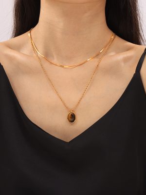 Maillard Simple Grace Personality M Bead Chain Ornament Irregular round Brand Tigereye Pendant Stainless Steel Necklace