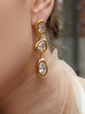 French Style Stainless Steel 5A Zircon Earrings 18K Thick Gold Plated Long Earrings Women's Elegant Light Luxury Earrings