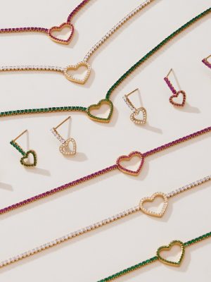 Gorgeous Fully Jeweled Loving Heart Zircon Necklace Bracelet Earrings Plated 18K Gold Light Luxury Stainless Steel Jewelry
