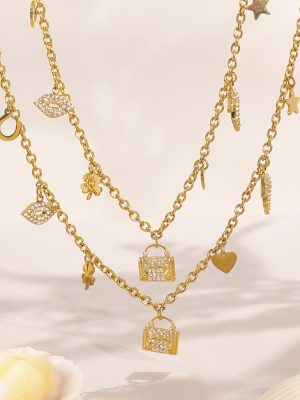 18K Gold Zircon Padlock Love Four-Leaf Flower Necklace Bracelet Stainless Steel Personalized Set