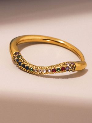 Fine Circle Color Plated 18K Real Gold Zircon Row Diamond Ring Twin Index Finger Ring Stainless Steel Ladies Ring Ornament