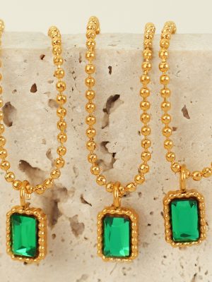 French Elegant Glass Stone Gold Necklace All-Match Twin Design Plated 18K