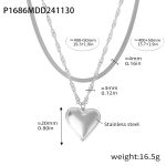 color: P1686-Steel Color Double Layer Heart Necklace