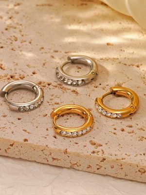 Warehouse round Inlaid Zircon Stainless Steel Ear Clip Women's 18K Simple and Light Luxury Plated Earrings