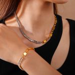 Zircon Couple Stainless Steel Plated 18K Gold Necklace Bracelet Men's and Women's Hip Hop Jewelry Set