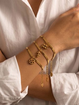 Simple Twelve Constellation Pendant Snake Bones Chain Bracelet Stainless Steel 18K Gold Plating All-Match Jewelry