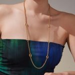Simple Elegant Japanese Buckle Rhinestone Long Sweater Chain Plated 18K Gold Double Layered Stainless Steel Necklace