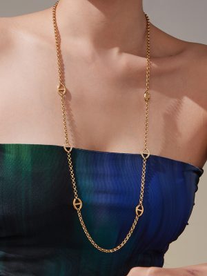 Simple Elegant Japanese Buckle Rhinestone Long Sweater Chain Plated 18K Gold Double Layered Stainless Steel Necklace