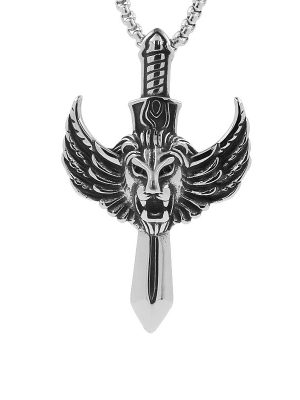 New Hip Hop Hip Hop Cool Lion Head Feather Sword Necklace Sweater Chain