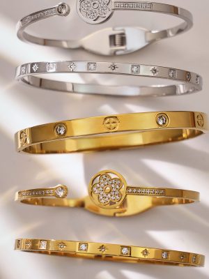 Stainless Steel Flower Full Diamond Buckle Bracelet Simple Ring Zircon Bracelet Combination