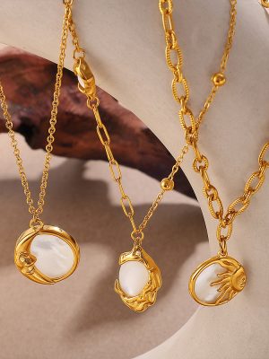 Vintage Moon White Shell Pendant Necklace Stainless Steel Plated 18K Gold Unique All-Match Jewelry